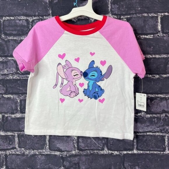Disney Small 6/7 Stitch Raglan Cropped Graphic T-shirt White pink - Picture 1 of 6